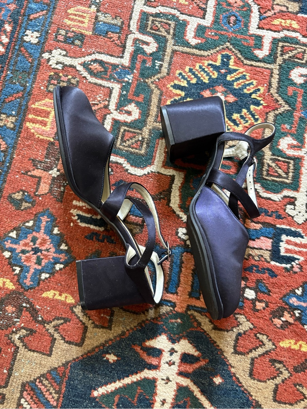 Unlisted.com Satin Block Heel Ankle-Strap Mary Jane chunky heel Sandals Navy 7